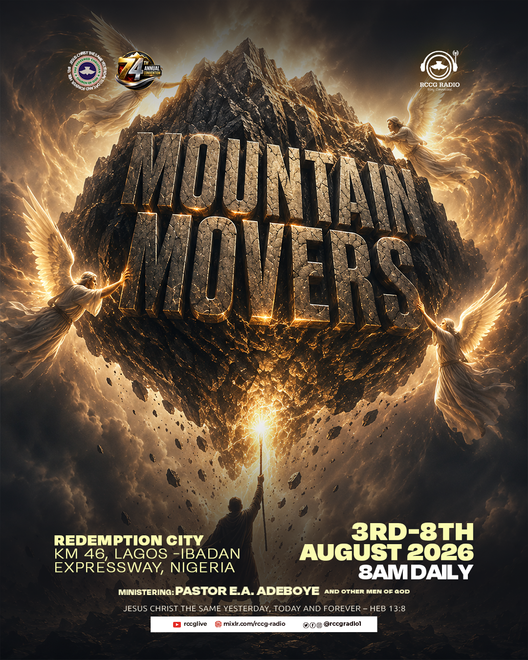 Mountain Movers — RCCG 74th Annual Convention flyer. Redemption City, KM 46, Lagos–Ibadan Expressway, Nigeria. 3rd–8th August 2026, 8am daily.